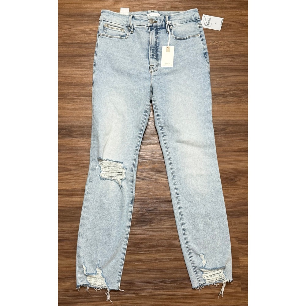 Good American Good Classic High Rise Straight Distressed Jeans Light Wash Sz 6/